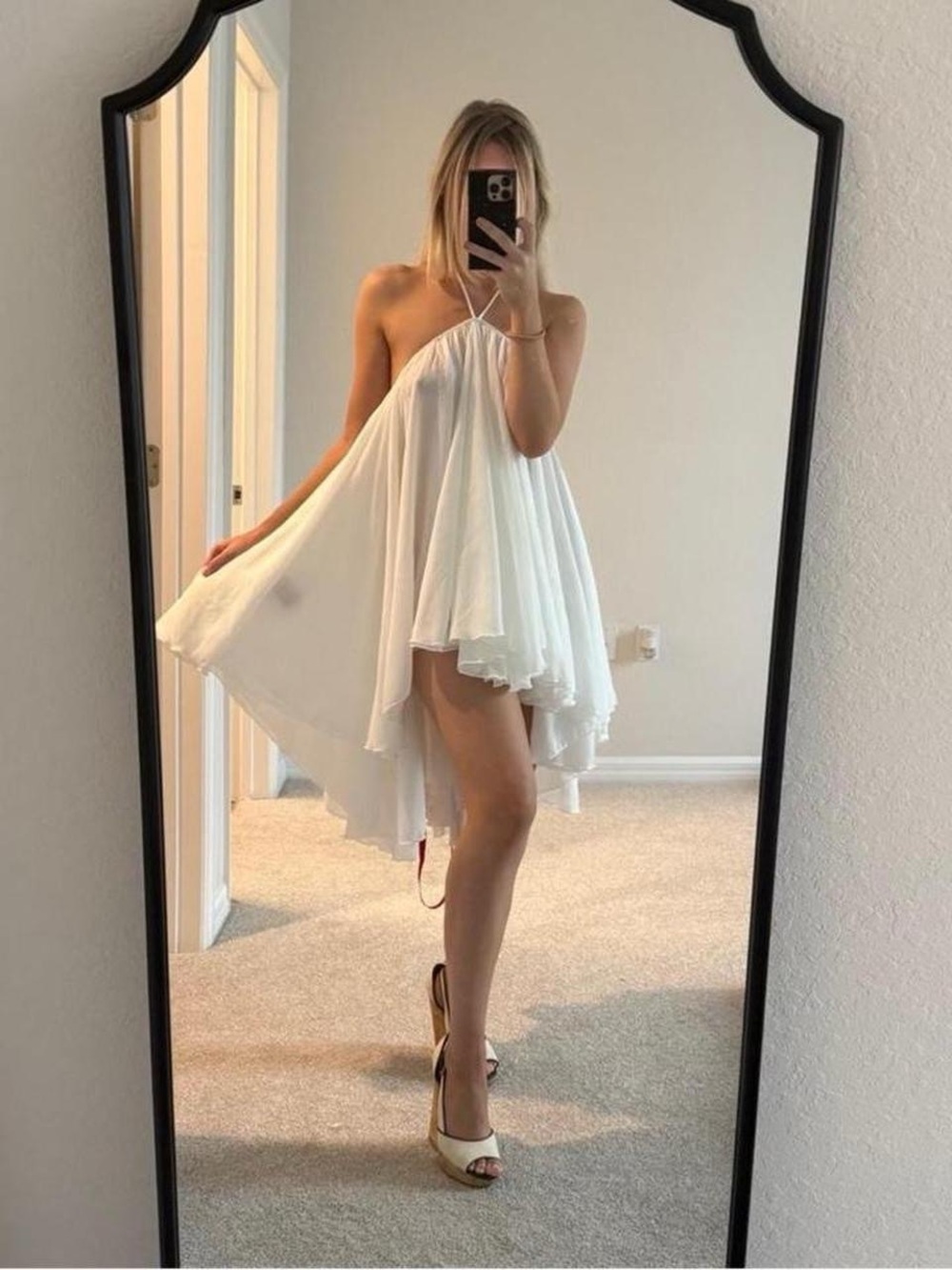 COUCOO Backless White Halter Mini Dress with Flowy High-Low Hem